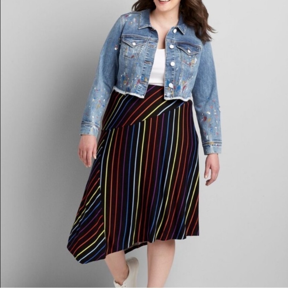 Nwt Lane Bryant Black Multi Stripped Asymmetrical Midi Skirt Size 14/16